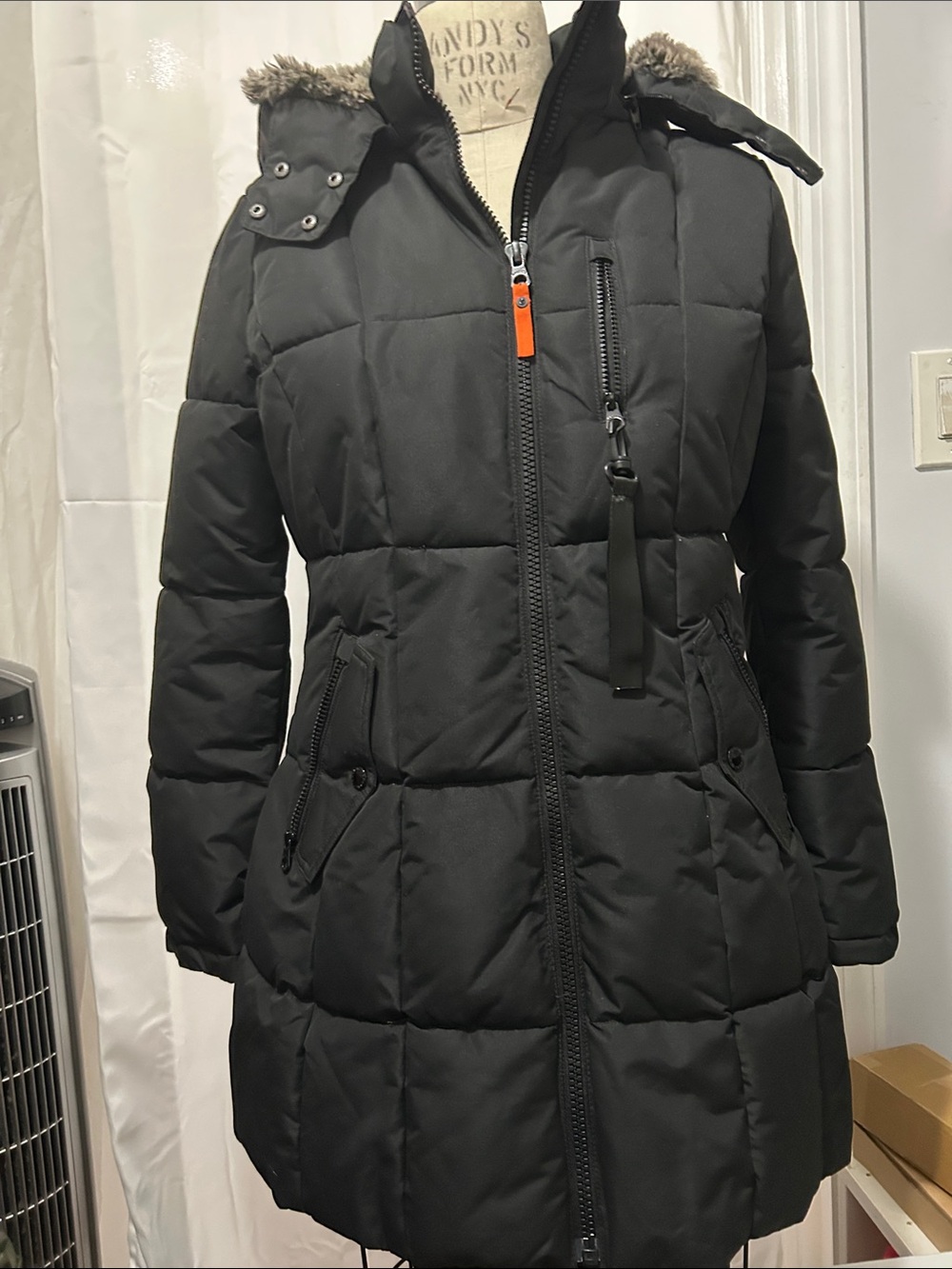 Nautica Women’s Black Quilted Hooded Puffer Coat with Faux Fur Trim